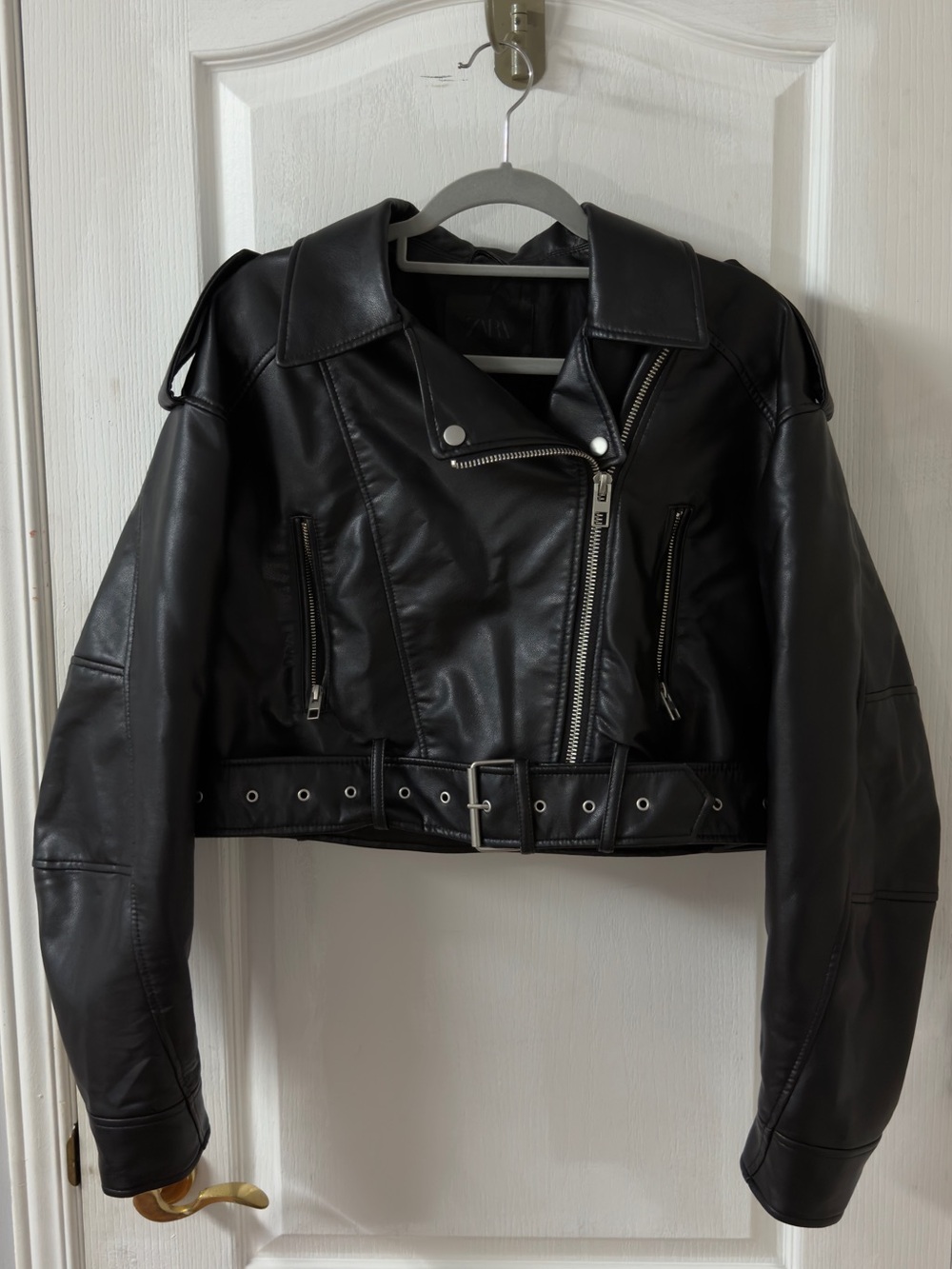 Zara Black Faux Leather Cropped Biker Jacket with Belted Hem